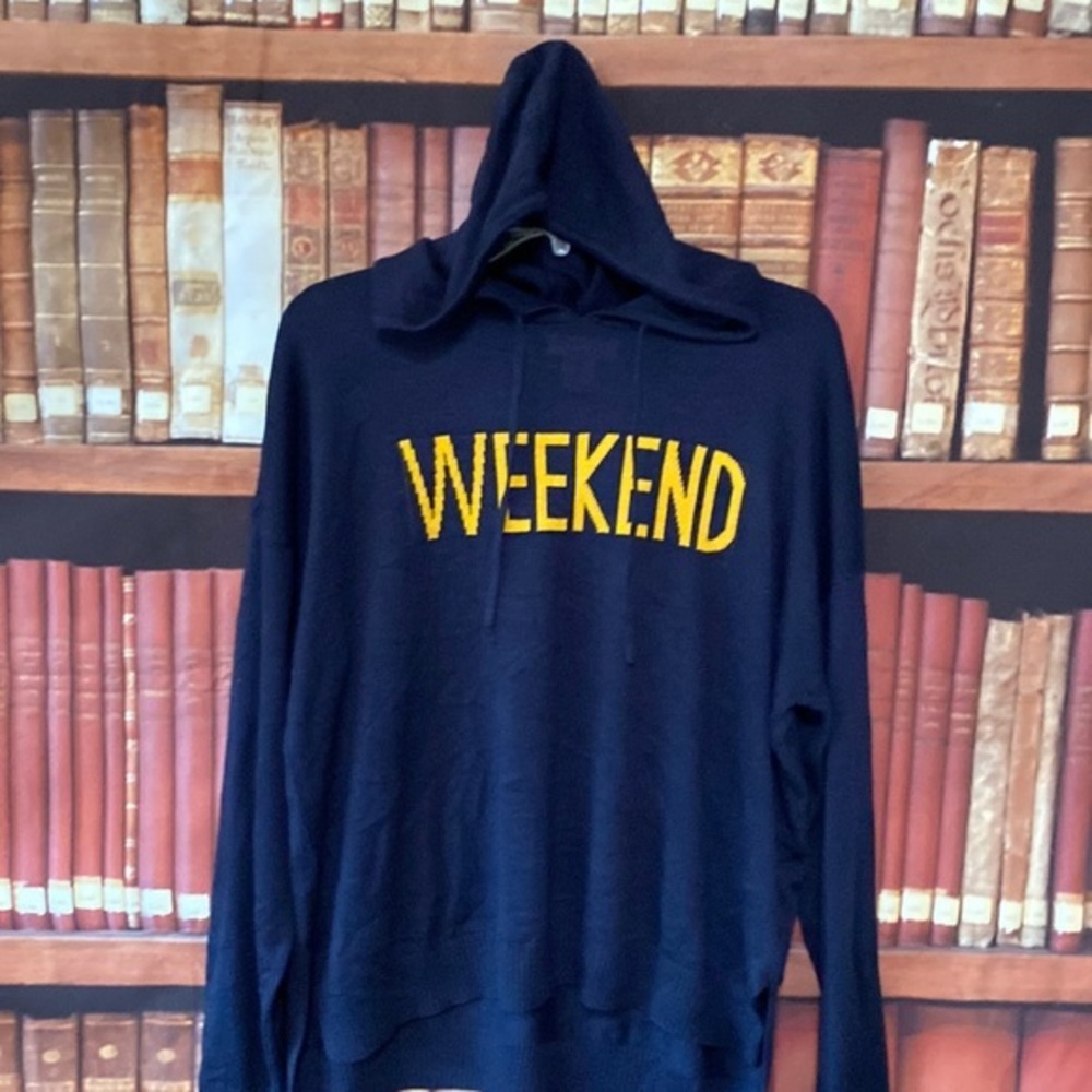 Rachel Zoe L WEEKEND Cashmere Blend Navy Blue Hooded Sweater Yellow Graphic